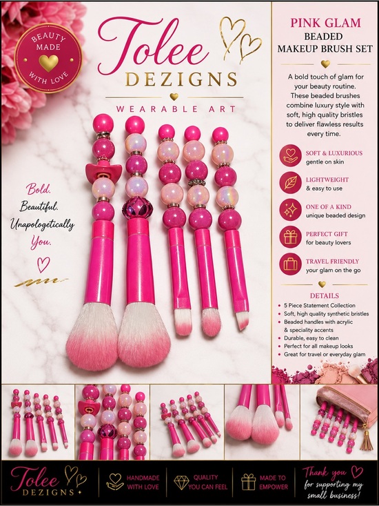 Other - Pink Glam Beaded Makeup Brush Set – 5 Piece Statement Collection